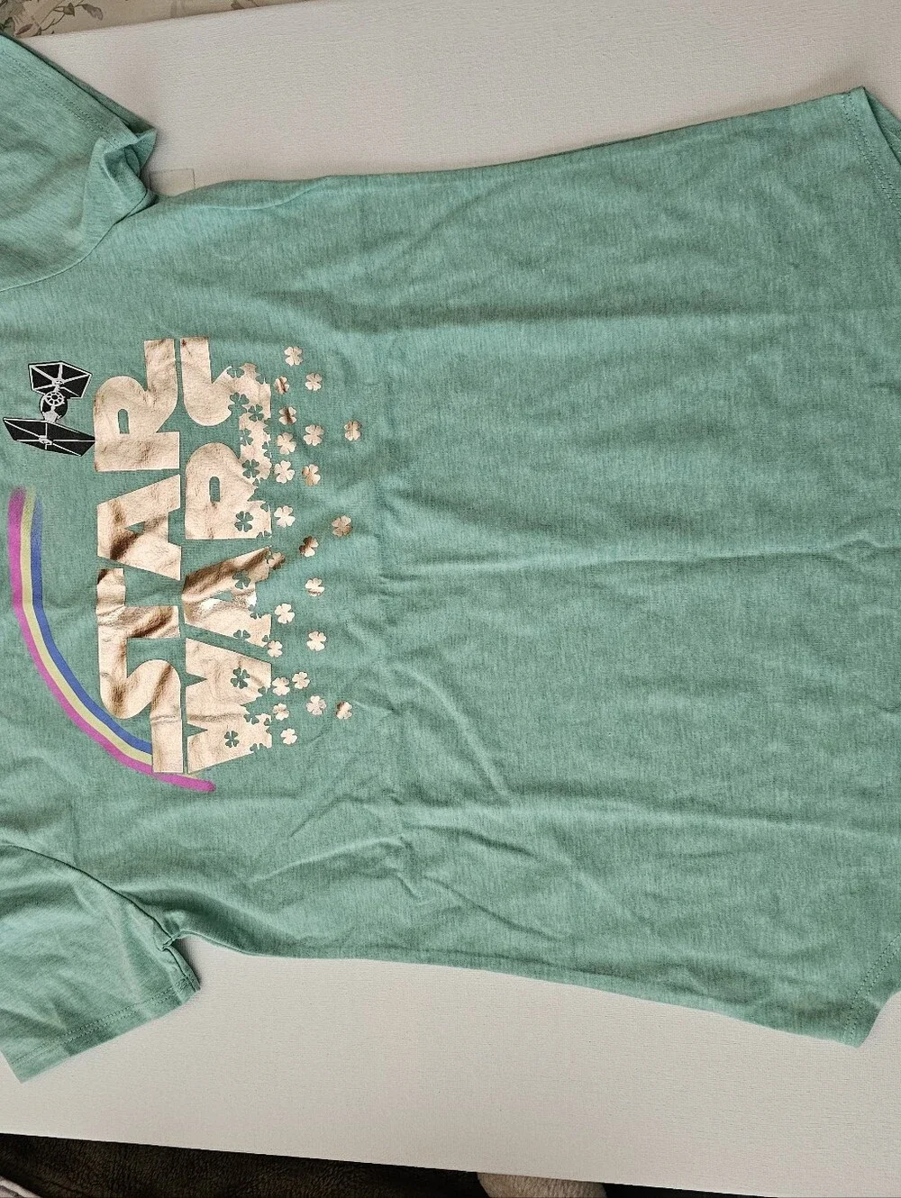 Star Wars Girls' Mint Green Tee with Gold Foil Logo and Rainbow Accent XL